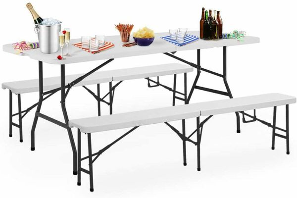 BEER TENT SET, FOLDABLE, 2 BEER BENCHES, 1 BEER TABLE, PLASTIC HANDLE, WHITE, MARQUEE SET, CAMPING GARDEN FURNITURE