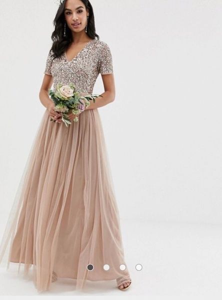 Maya bridesmaid long sleeve maxi tulle dress with tonal delicate store sequins in taupe blush