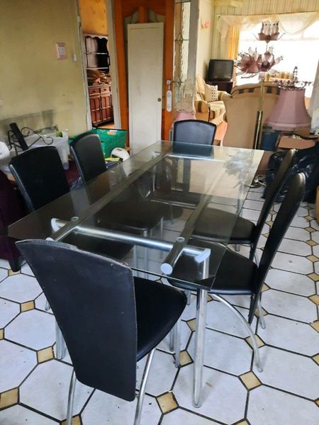 Glass table and 6 chairs for sale hot sale