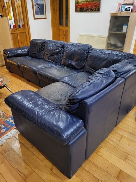 Used blue leather sofa discount