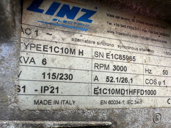 2018 GENERATOR GENSET...6 KVA ...1,629 HRS..712T 348539514