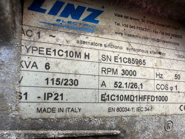 2018 GENERATOR GENSET...6 KVA ...1,629 HRS..712T 348539515