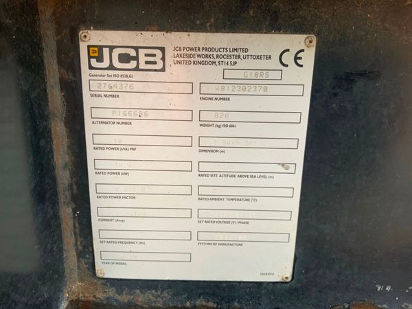 2019 JCB G18RS 18kva GENSET.........815hrs....... 370179509
