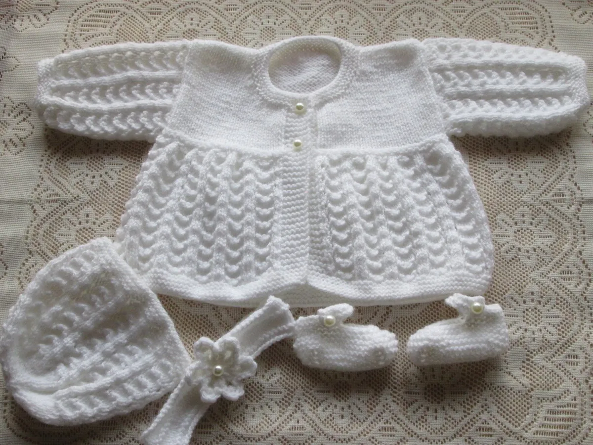 Hand knitted baby christening Set.
