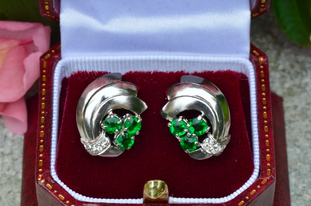 Antique Art Deco Emerald Diamond Earrings Platinum - Image 1
