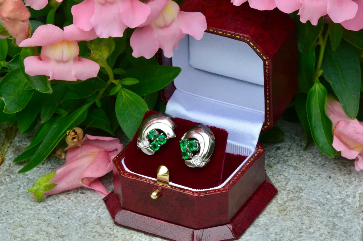 Antique Art Deco Emerald Diamond Earrings Platinum - Image 2