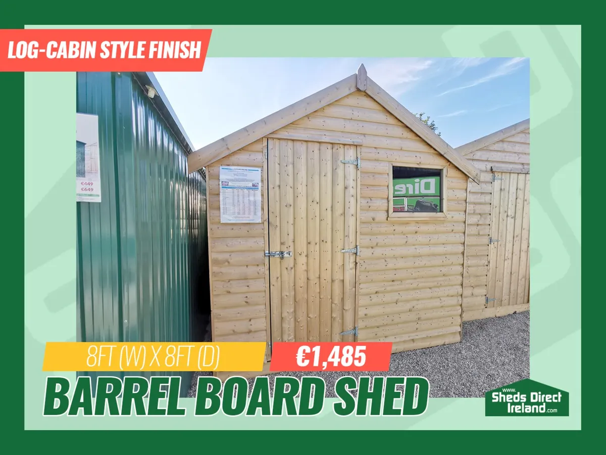 8ft x 8ft Barrel Board Wooden Garden Shed - Image 1