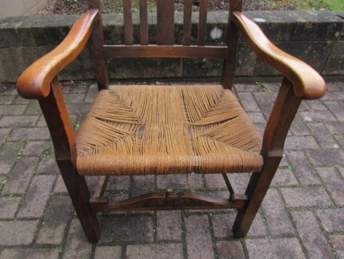 Original c1910 oak armchair with rope seat. - Image 2