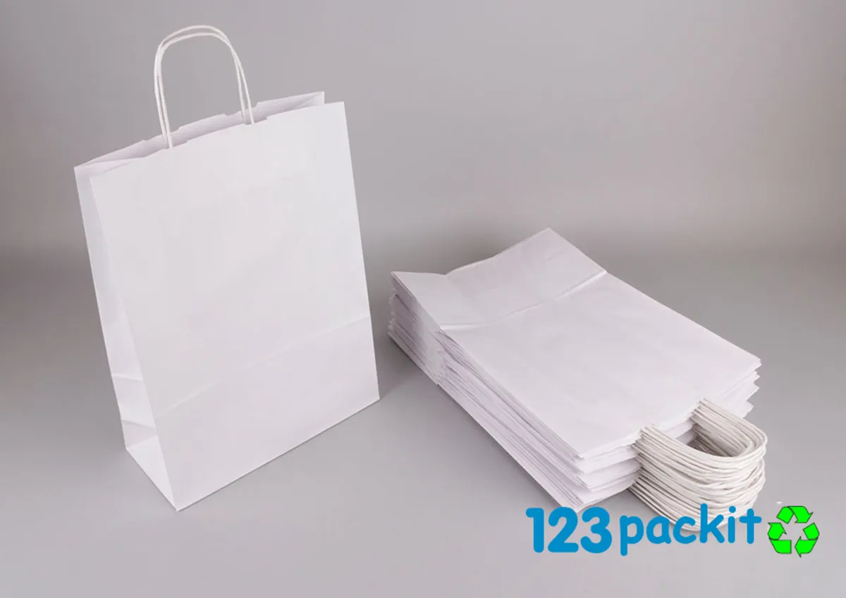 Lot of 50 white paper carrier bags different sizes