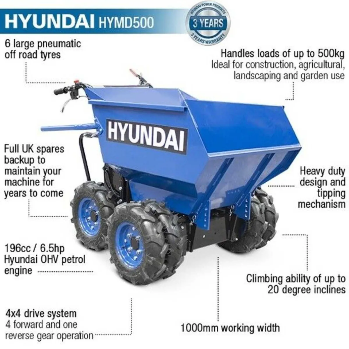 Hyundai 196cc 4-Wheel Drive 500kg Mini Dumper - Image 3