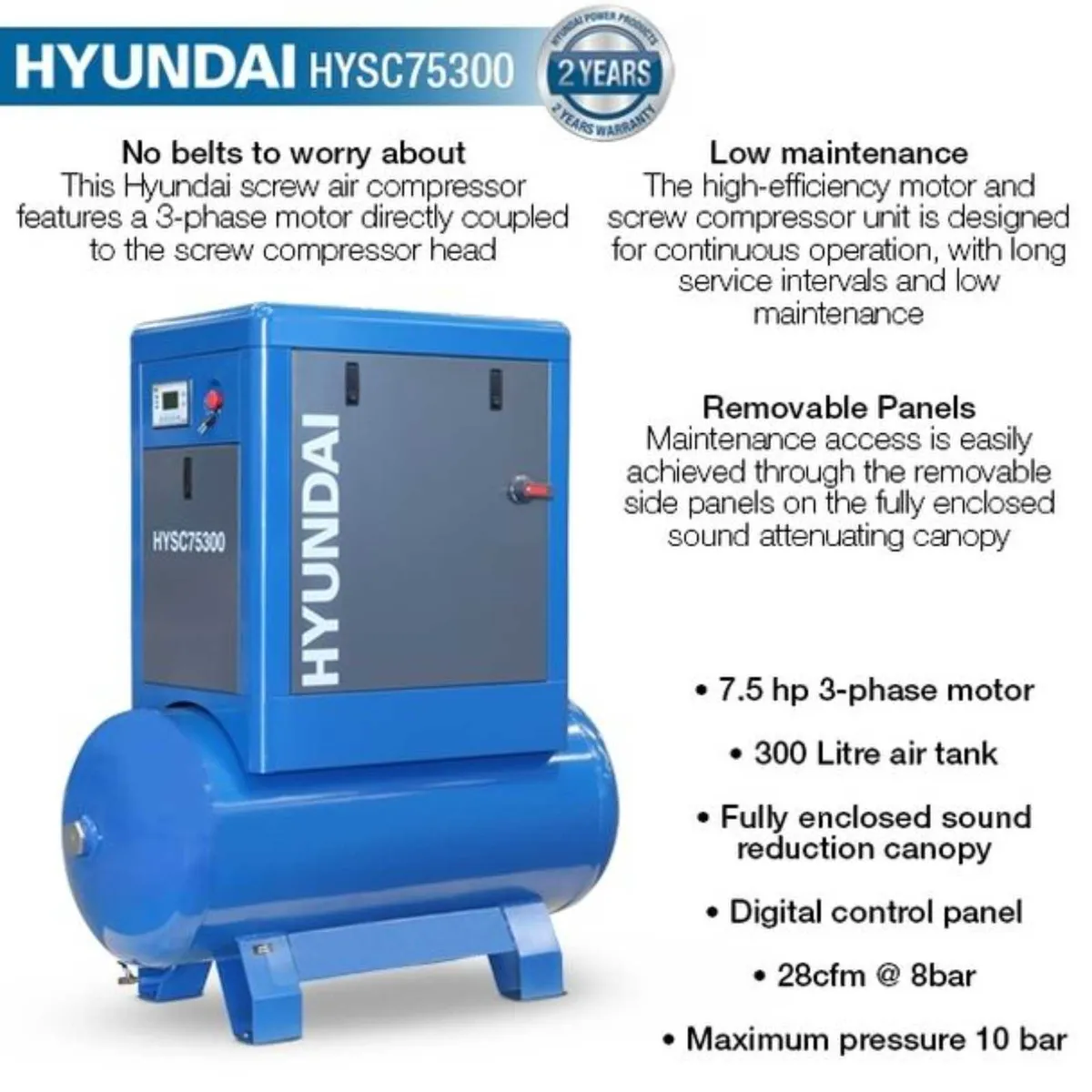 Hyundai 7.5hp 300 Litre Screw Compressor - Image 2