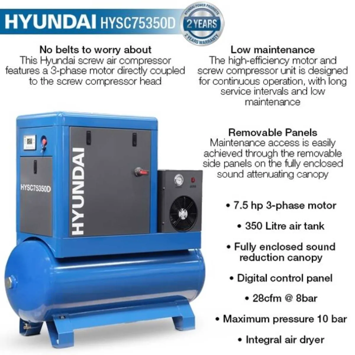 Hyundai 7.5hp 350 Litre Screw Compressor - Image 2