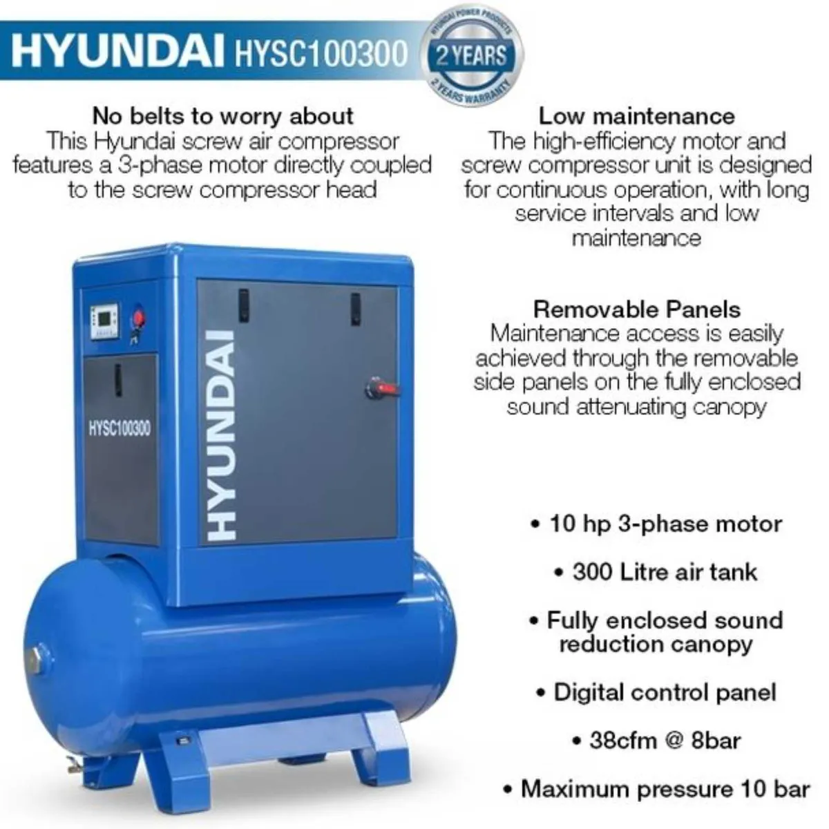 Hyundai 10hp 300 Litre Screw Compressor - Image 2