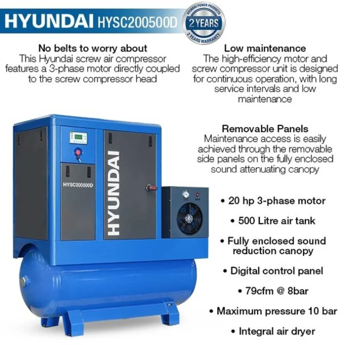 Hyundai 20hp 500 L, Industrial Screw Compressor - Image 3