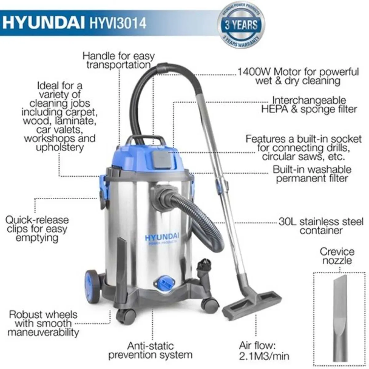 Hyundai 3-In-1 Wet And Dry Vacuum Cleaner - Image 2