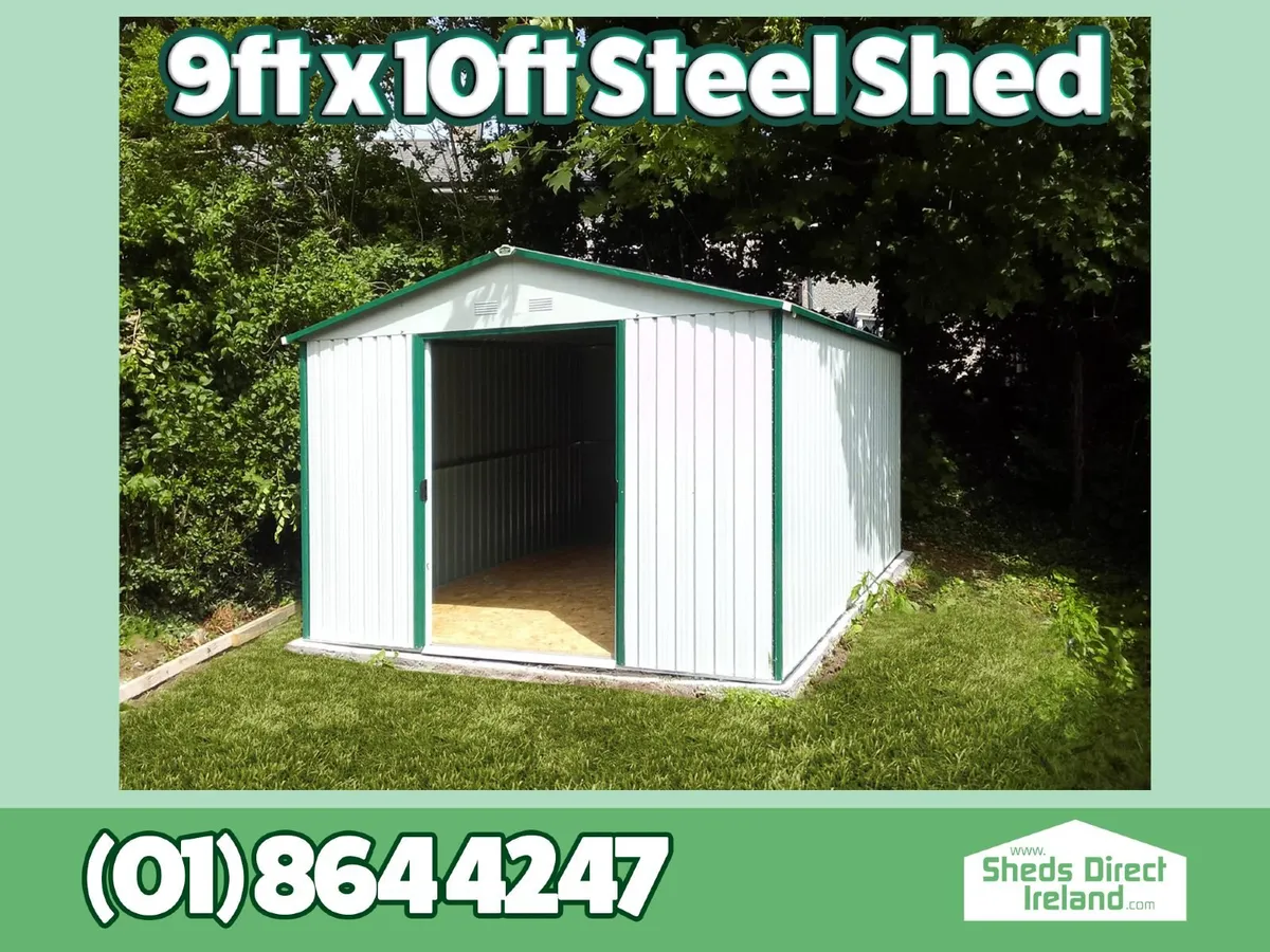 9ft x 10ft Steel Garden Shed (Green or Off-White) - Image 1