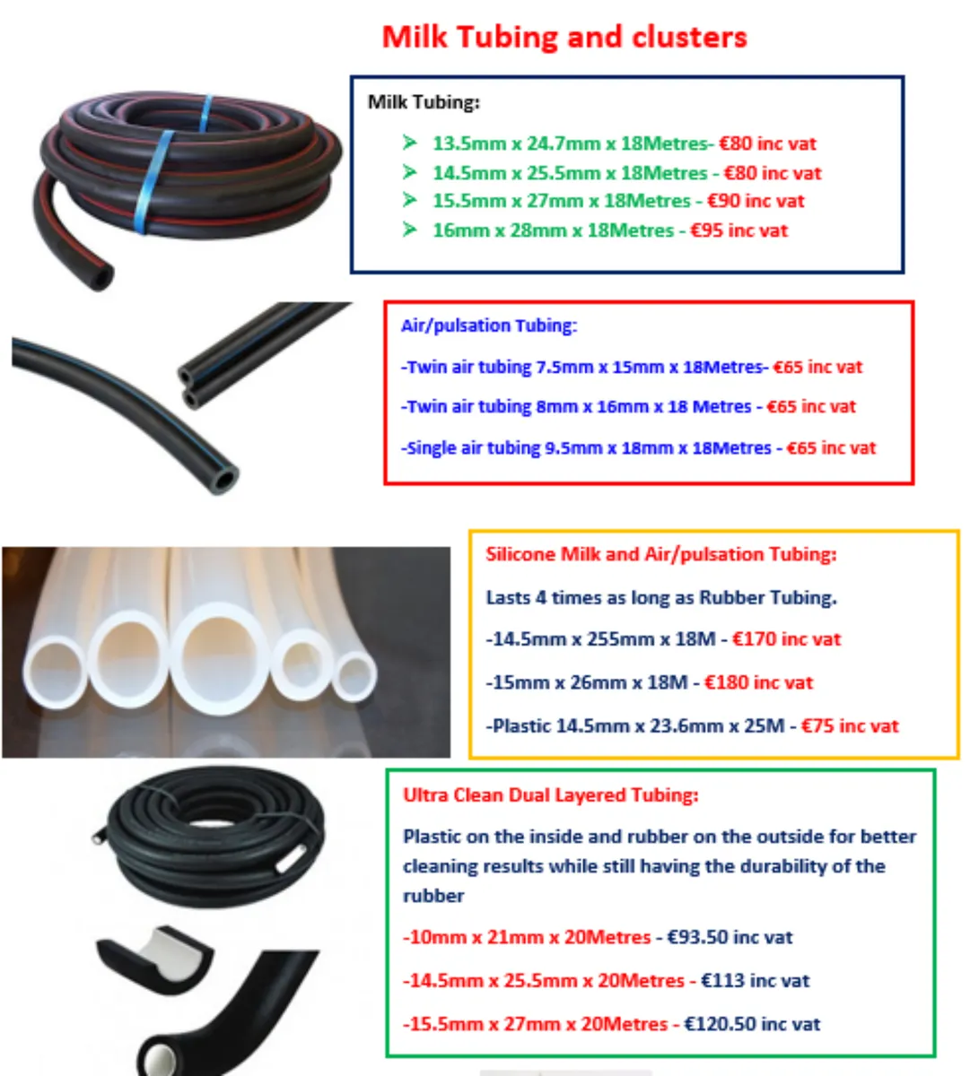 Milking machine Tubing, Liners and Spares