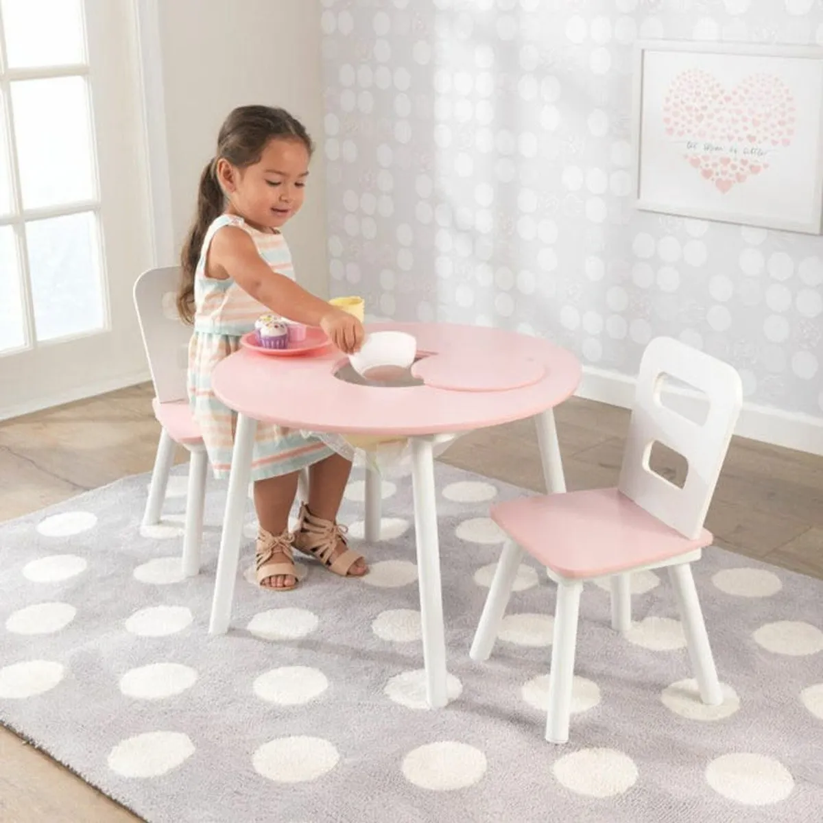 Kidkraft Round Storage Table and 2 Chairs Set White & Pink