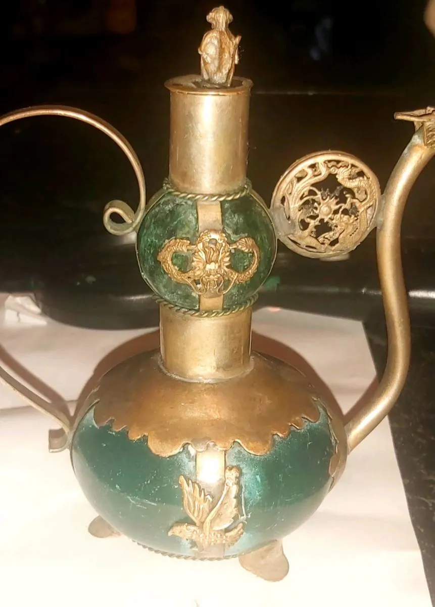 Antique Tibetan silver and green stone teapot