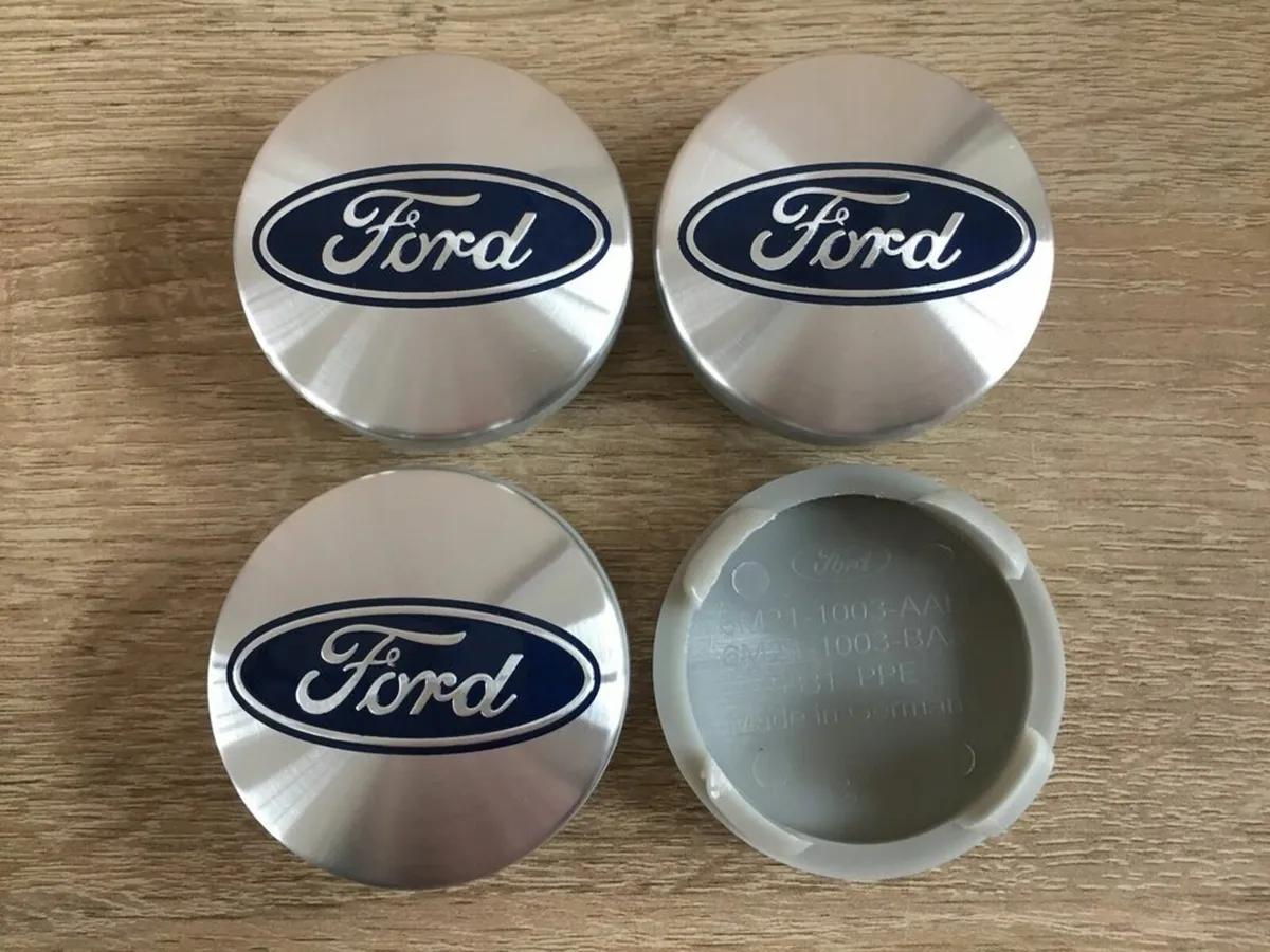 4x FORD Blue / Black/Silver 54mm alloy wheel centre caps