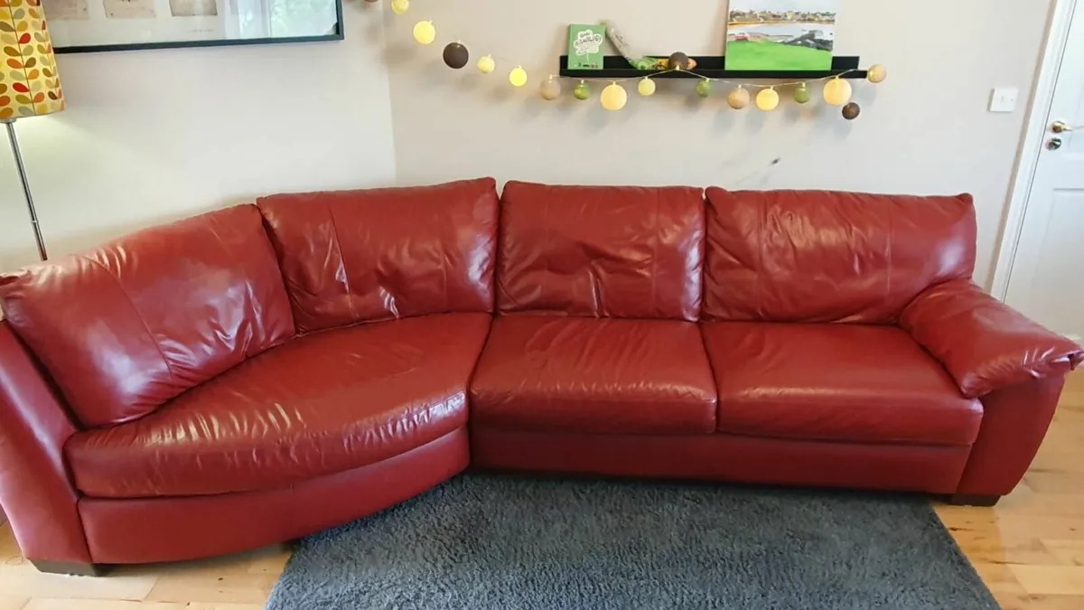 PRICE REDUCED  Curved Full Leather Dark Red Sofa - Image 1