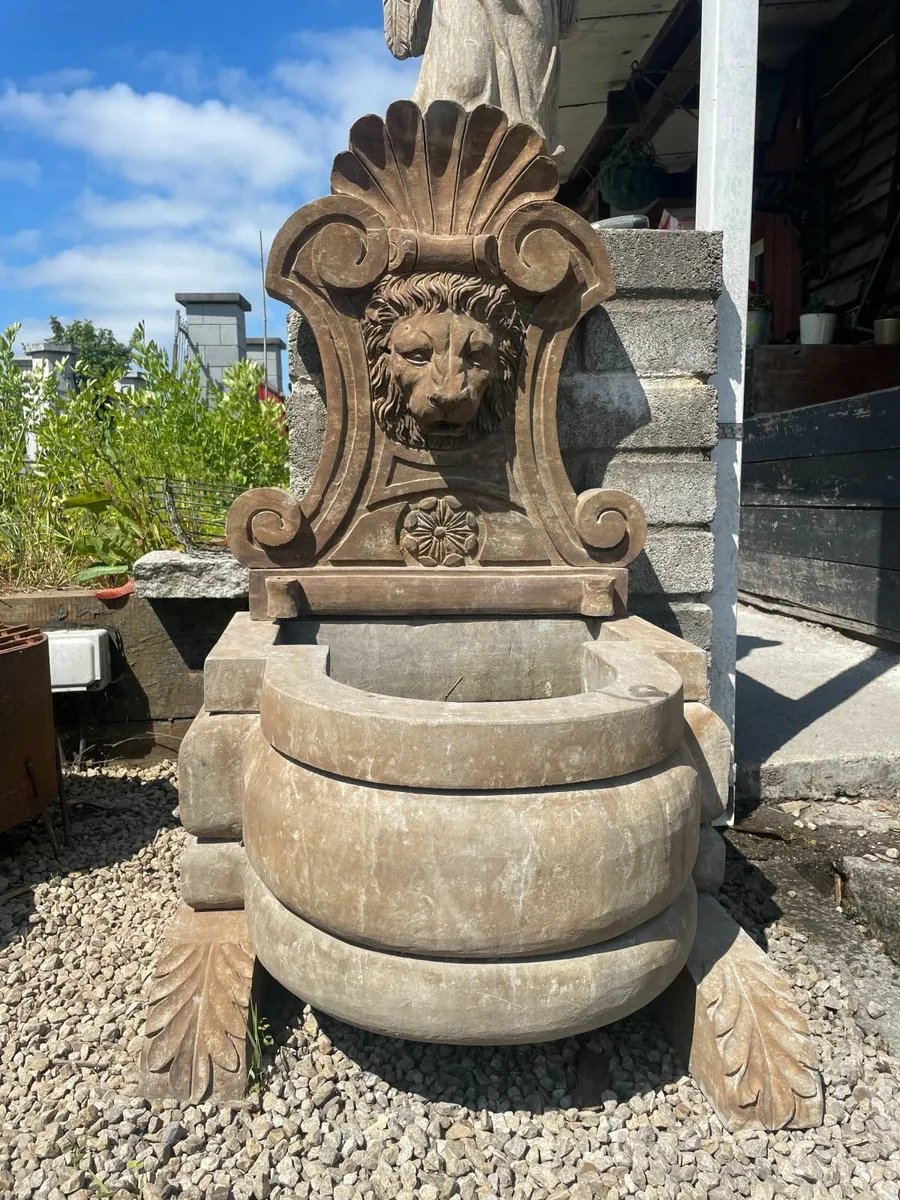 Lions face water feature