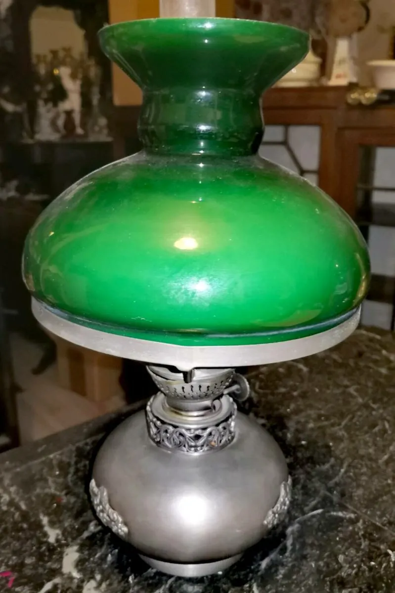 Antique pewter oil lamp with glass shade - Image 1