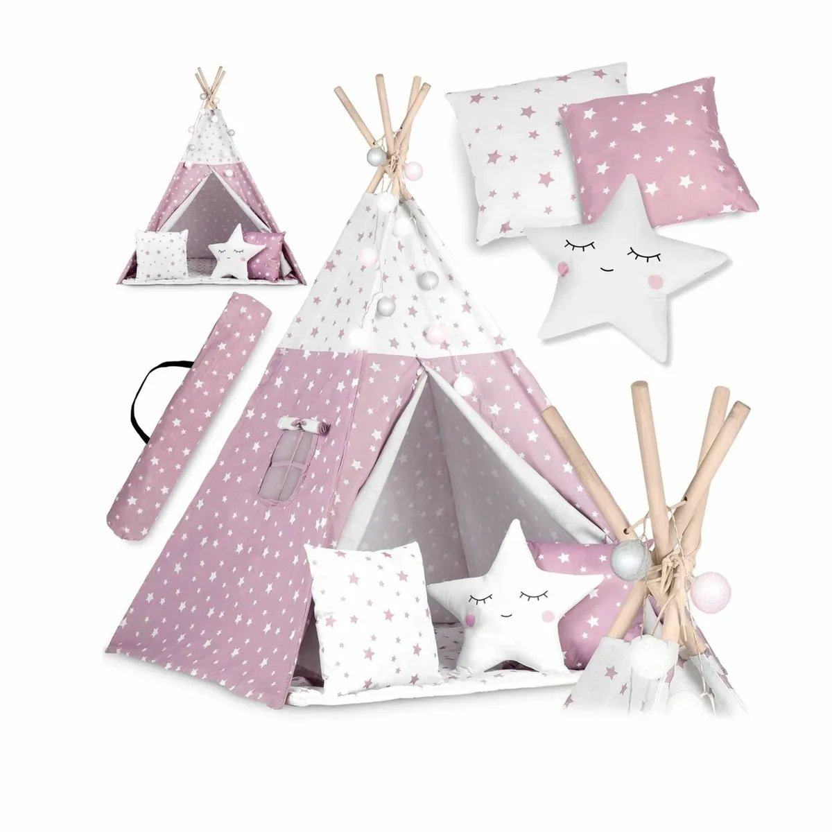 Baby Wooden Teepee Tent Pink Stars - Image 1