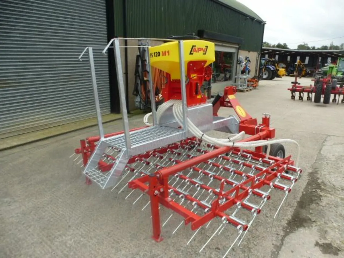 3m spring tine harrow fitted with APV Seeder - Image 2