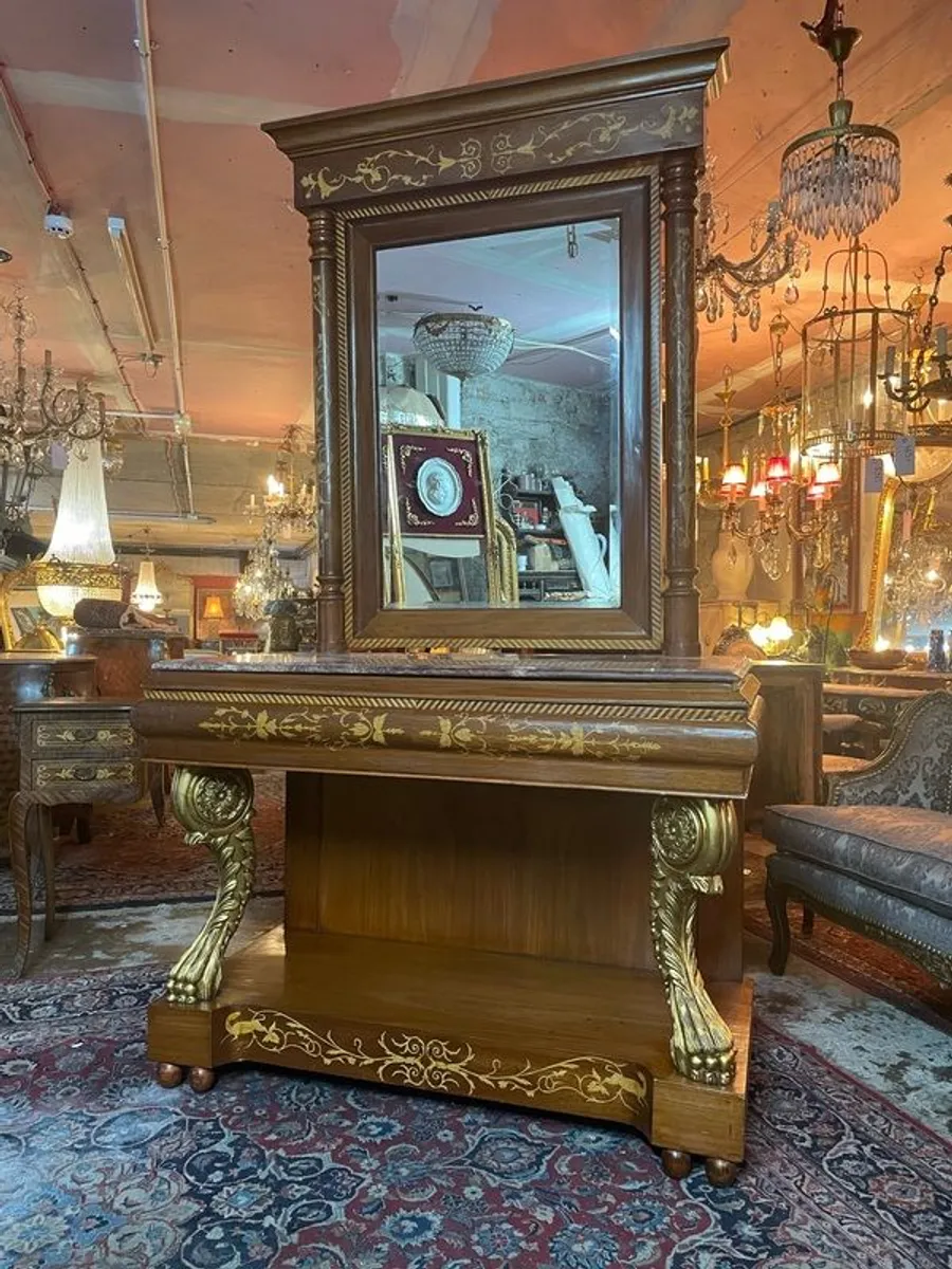 Spectacular Regency Design Marble Top Console Table w. Mirror.