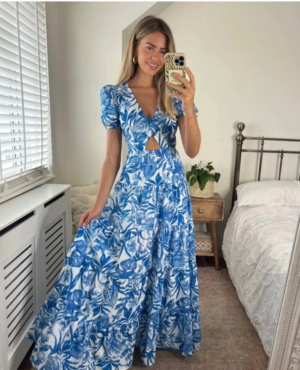Full length blue & white dress