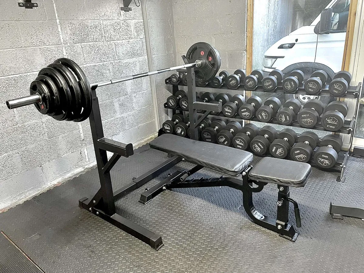 Gym Olympic weight plates, bench and rack