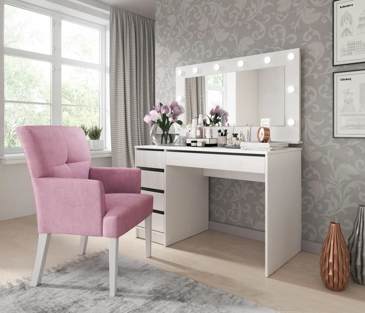 Adele Vanity Table with Hollywood Mirror -