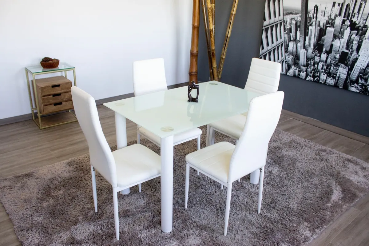 White Dining Table + 4 Leather Chairs 110x70cm - Image 1