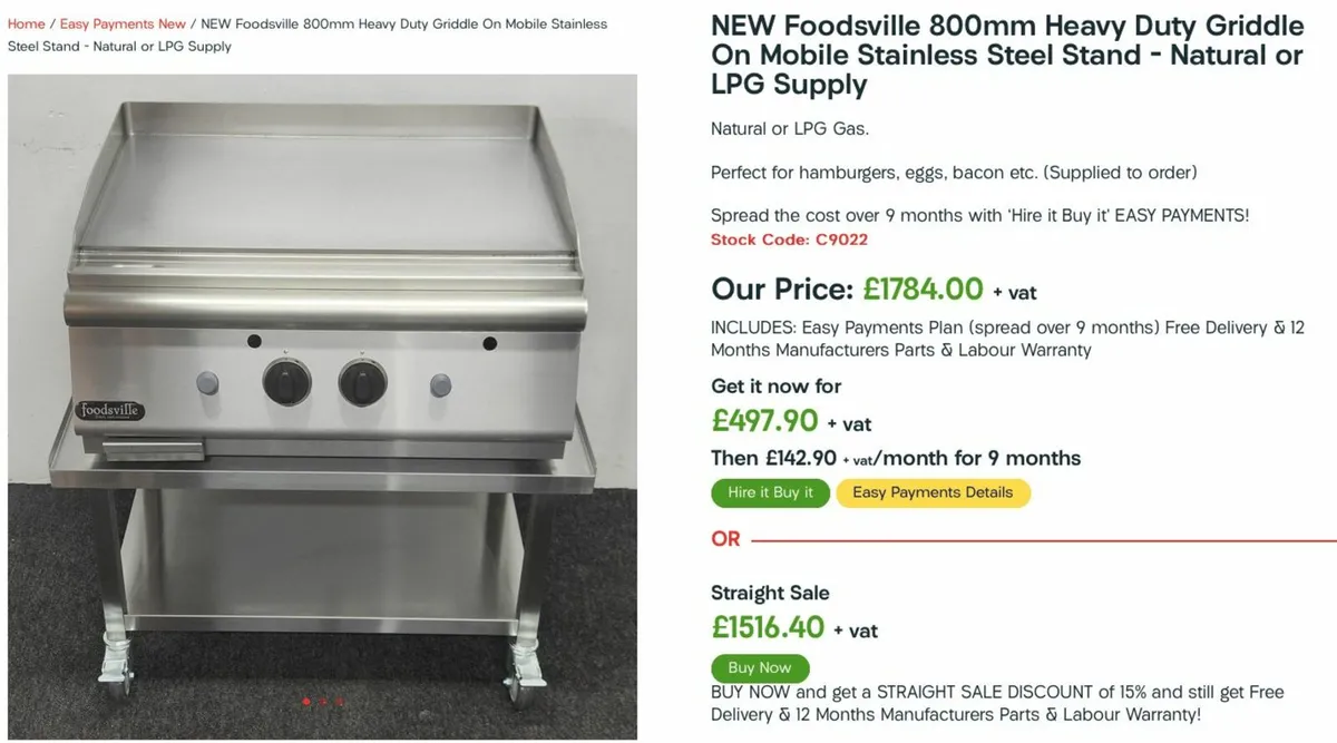 New Gas Griddle, On Stand with 9 Month Pay Plan