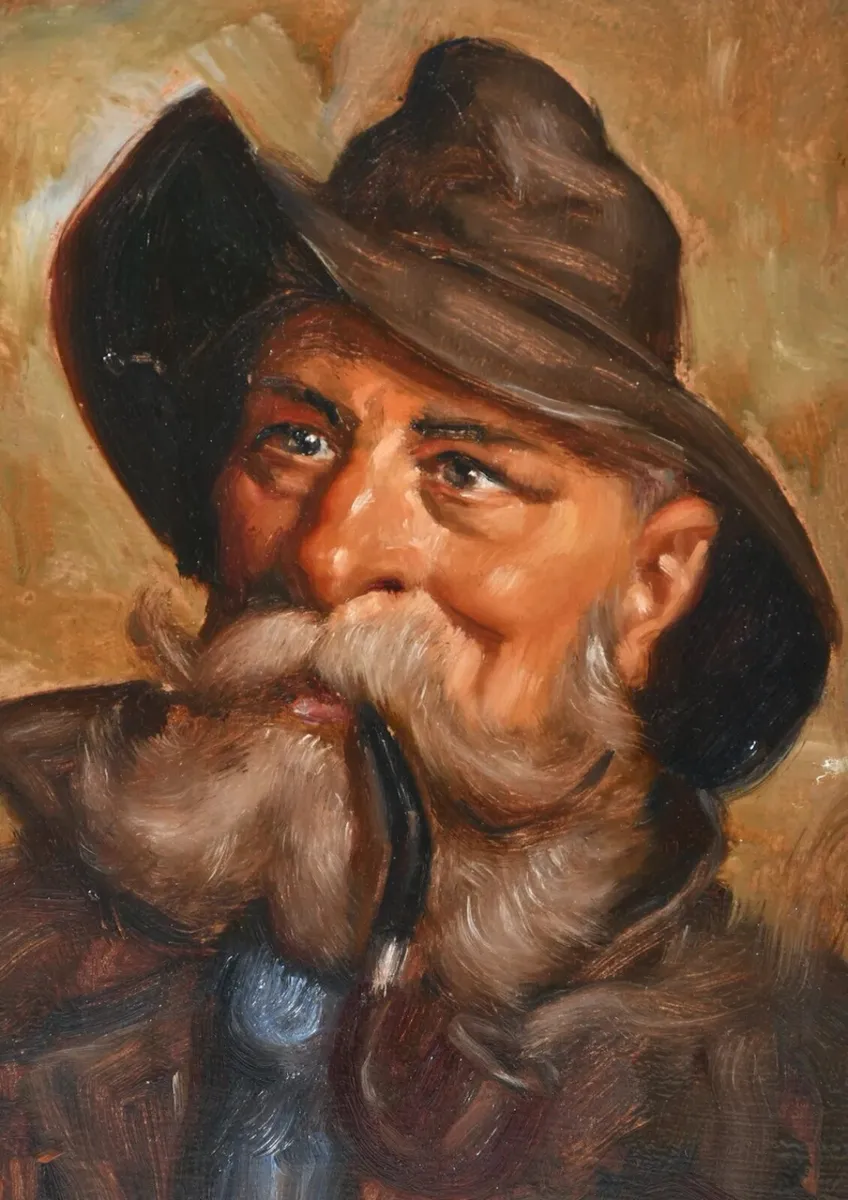 Antique oil painting of a man with pipe - Image 4