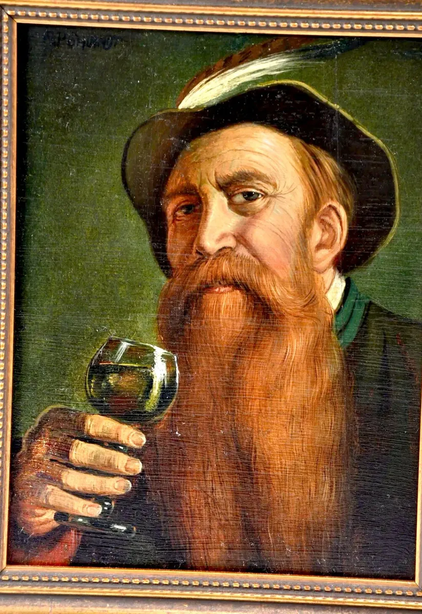 Oil painting of a hunter with a glass of wine - Image 1