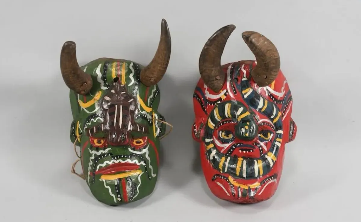 2 African wooden masks with antlers - Image 1