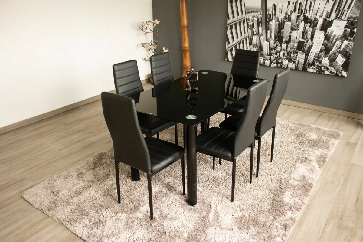 Black Dining Table + 6 Leather Chairs 140x80cm