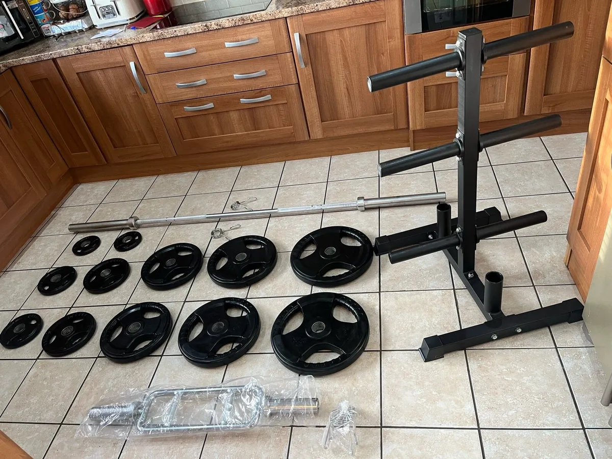 OLYMPIC WEIGHTS SET 20KG BARBELL STAND TRI BAR for