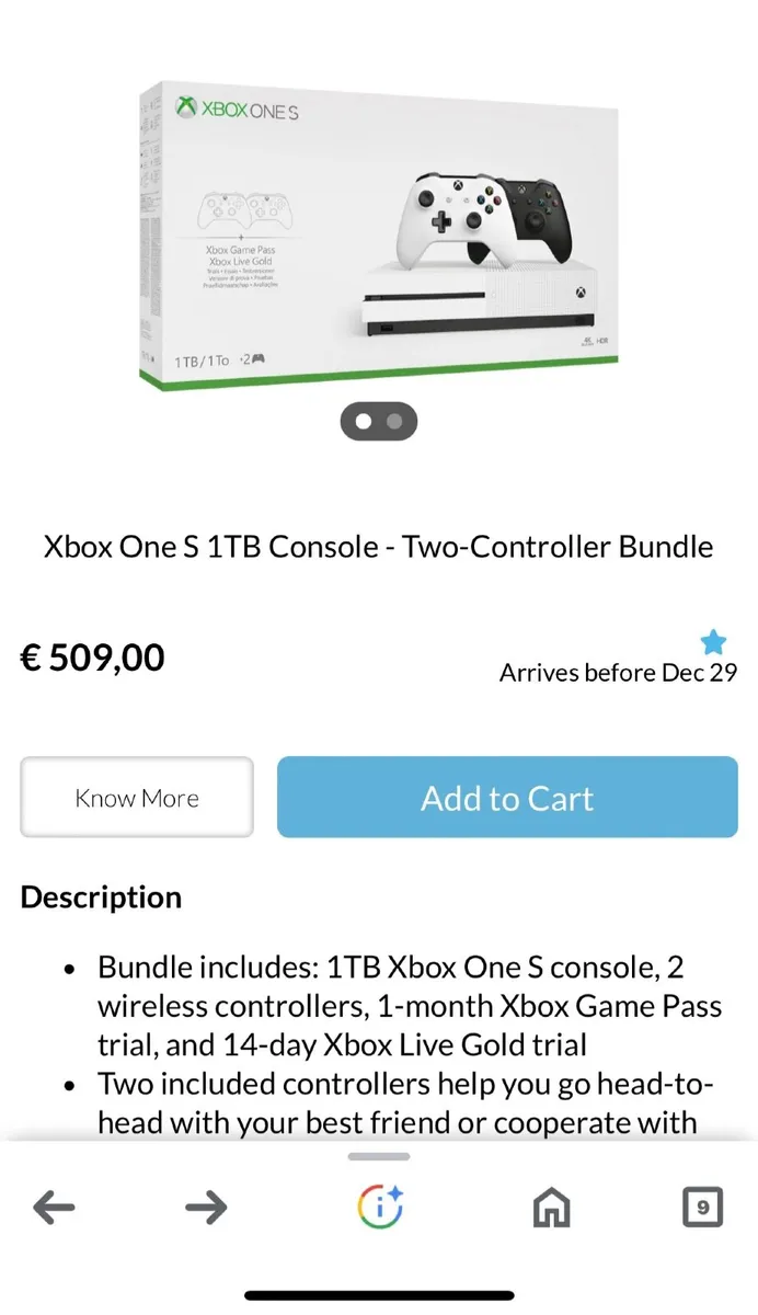 1TB Xbox One S console, 2 wireless controllers, 1-