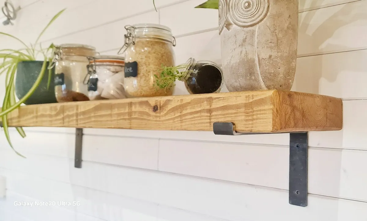 Rustic Solid Wood Shelf, Steel Down Brackets - Image 3