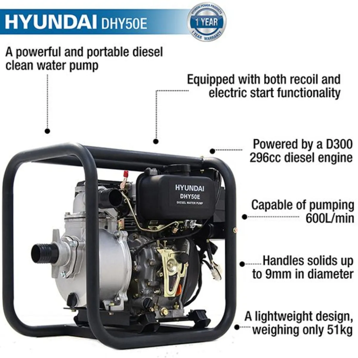 Hyundai 50mm Electric Start Diesel Water Pump - Image 2