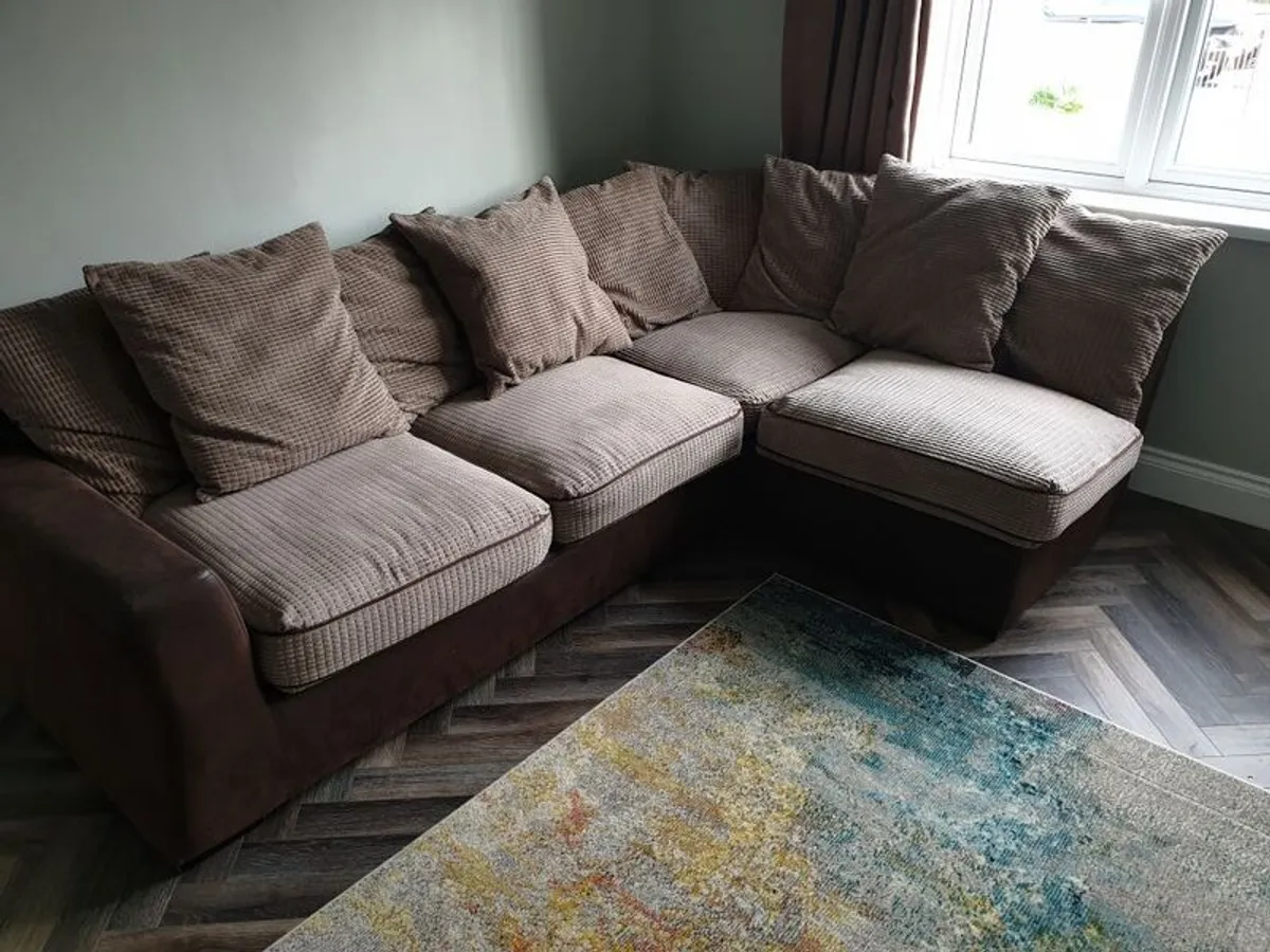 Corner Sofa, L Shaped Couch, Brown & Beige - Image 1