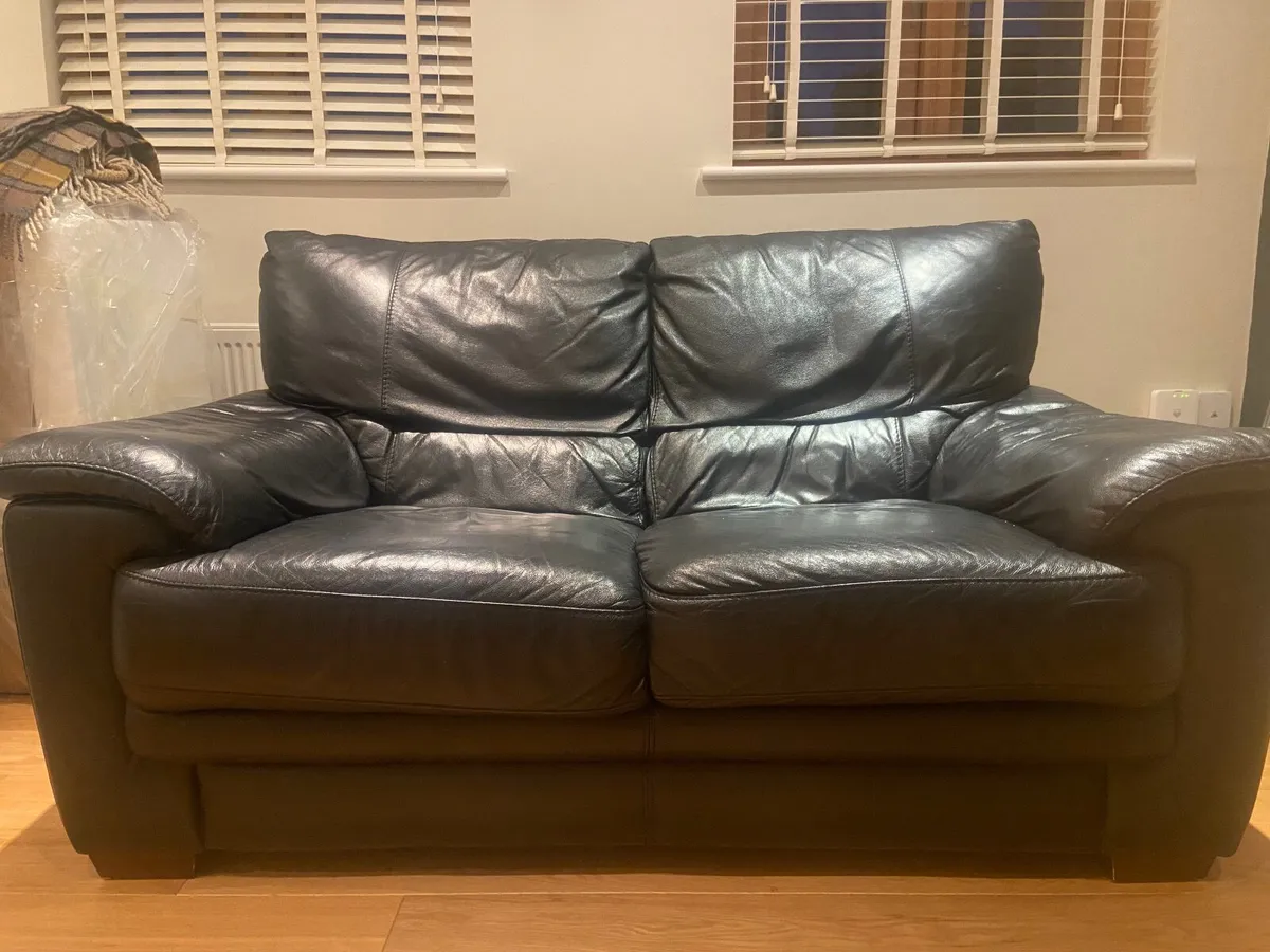A black leather two seater couch