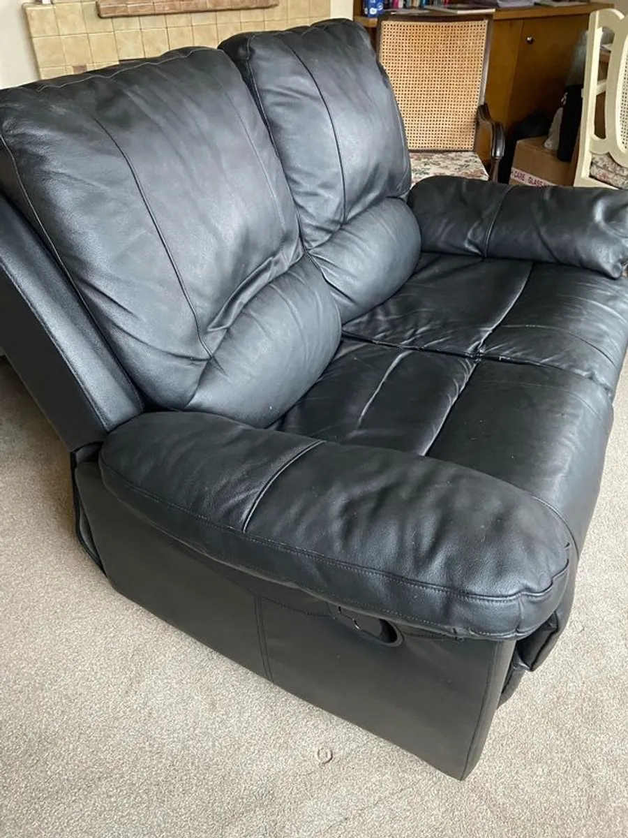 2 Seater genuine Black Leather Reclining Sofa - Image 1