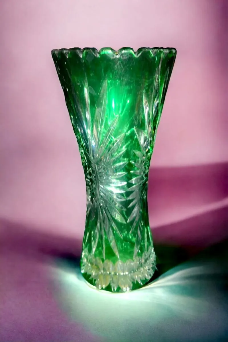 Green cut crystal vase