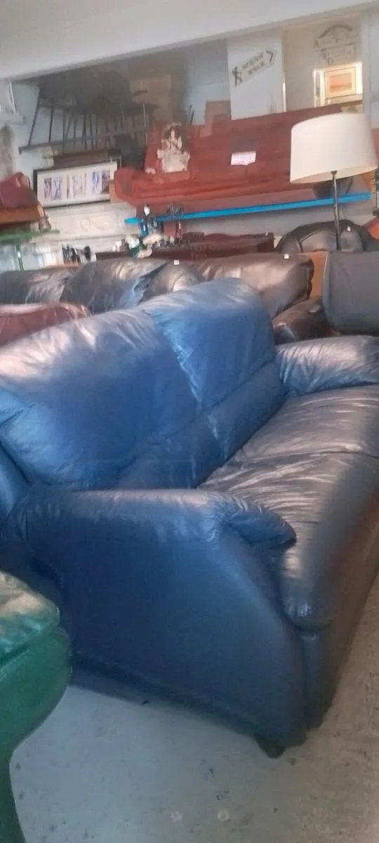 Blue Leather Three Seat Sofa
