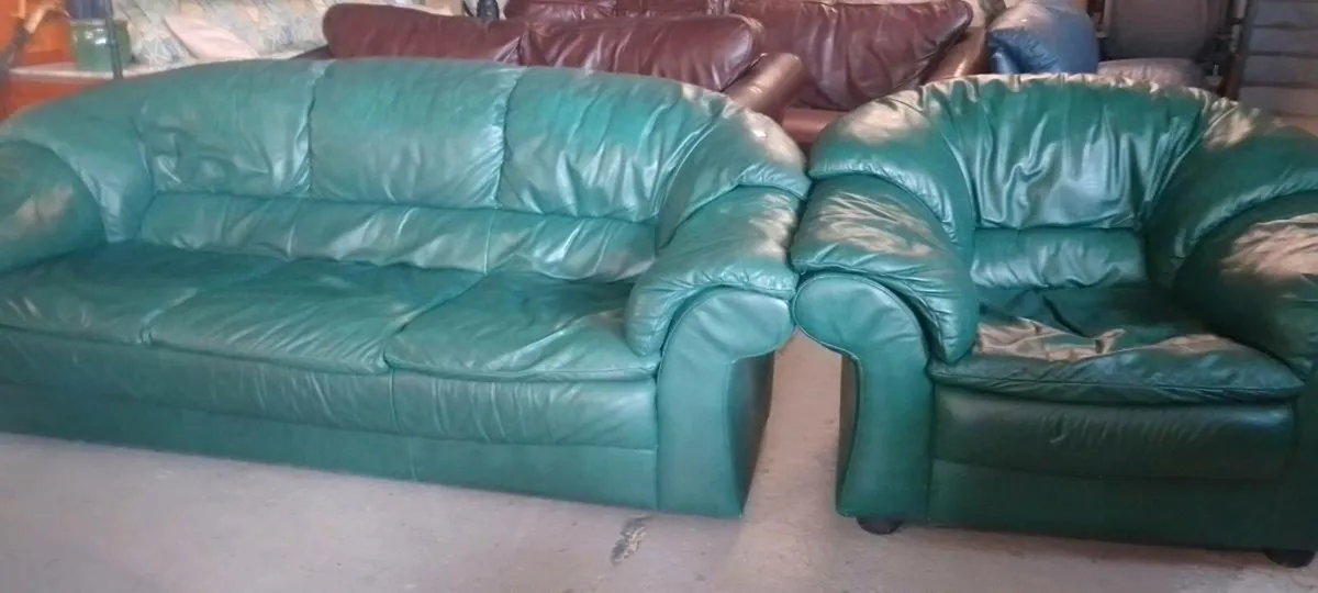 Green Leather Three Seat Sofa With Armchair