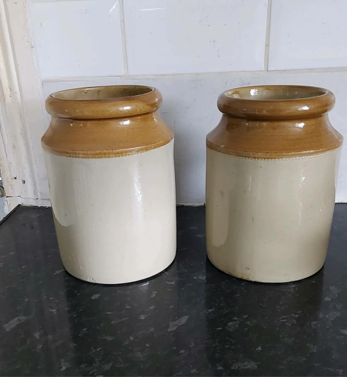 Two vintage salt glazed stoneware pots